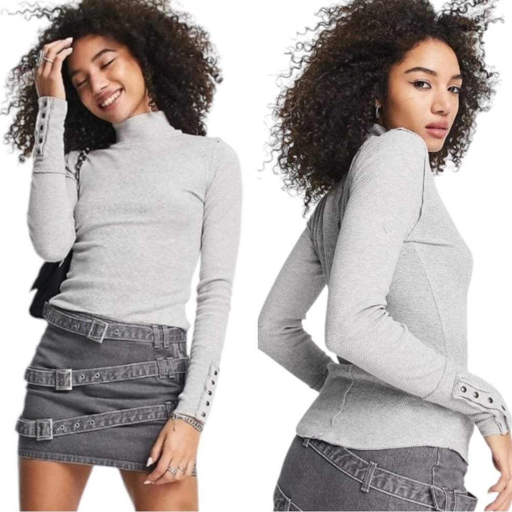 Free People Top Women Small Gray Freya Jojo Long Sleeve Mock Neck Thermal Blouse